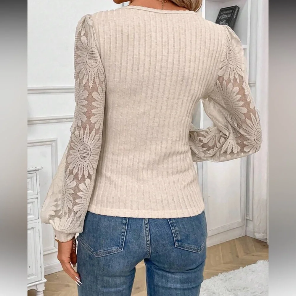 Light Gray Floral Sleeve Ribbed Sweater